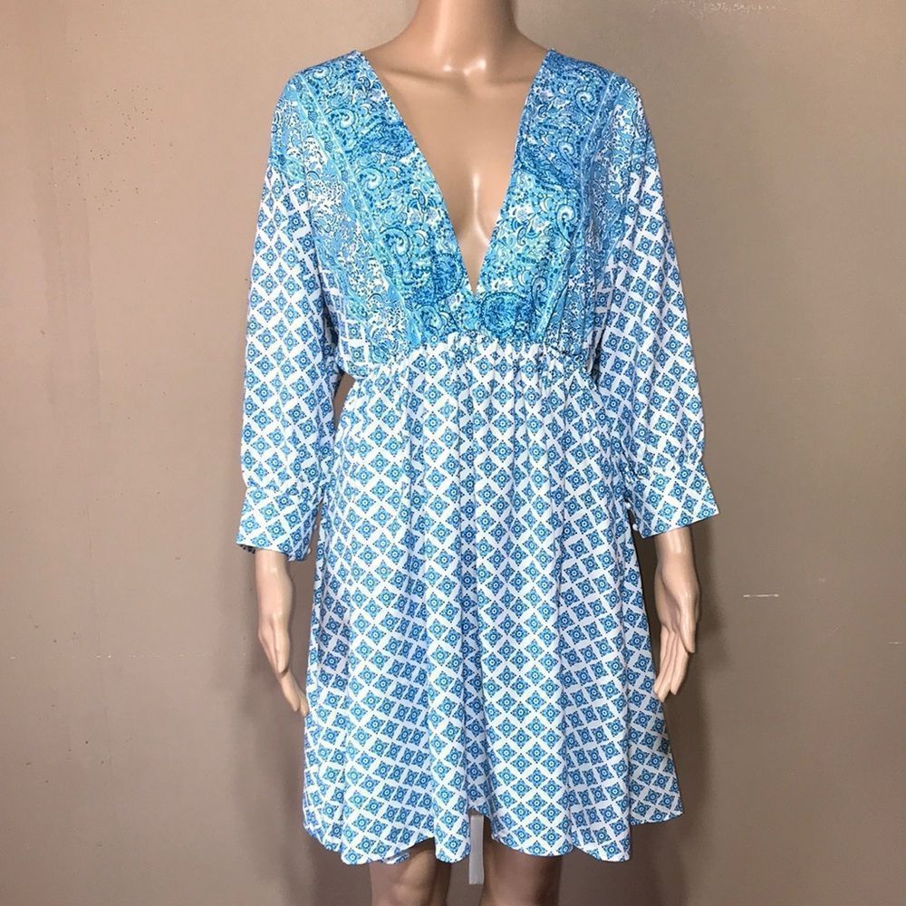 NEW boutique blue & white bohemian plunge V-Neck dress size large
